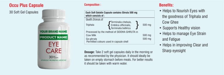 Occu Plus Capsule composition sheet from the medicated cow ghee eye care catalogue