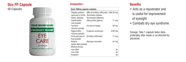 Ocu FP Capsule 60-count composition page in the medicated cow ghee eye care catalogue