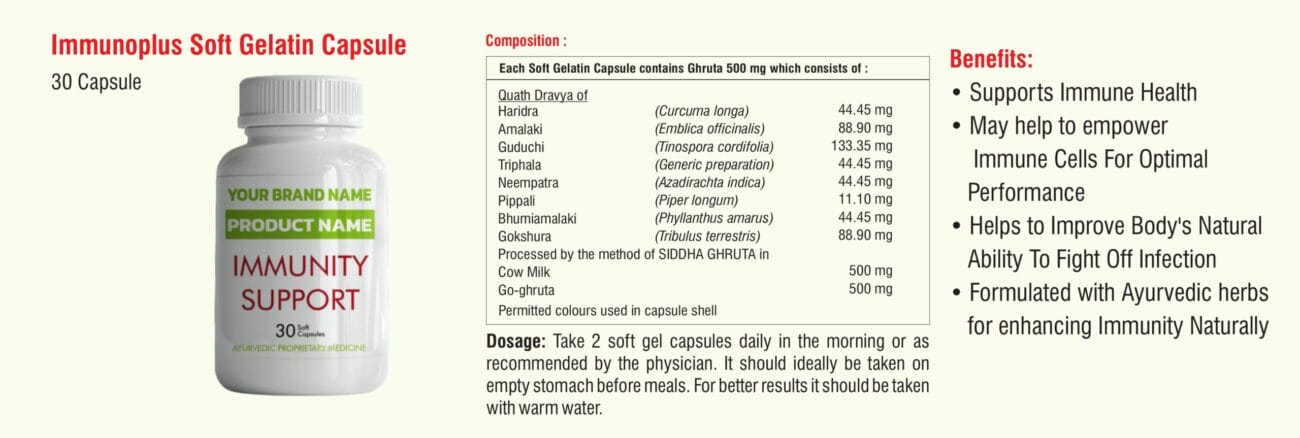 Immunoplus Soft Gelatin Capsule composition sheet in the herbal shots immunity support catalogue