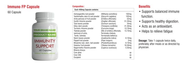 Immuno FP Capsule 60-count composition page in the cow ghee immunity support catalogue