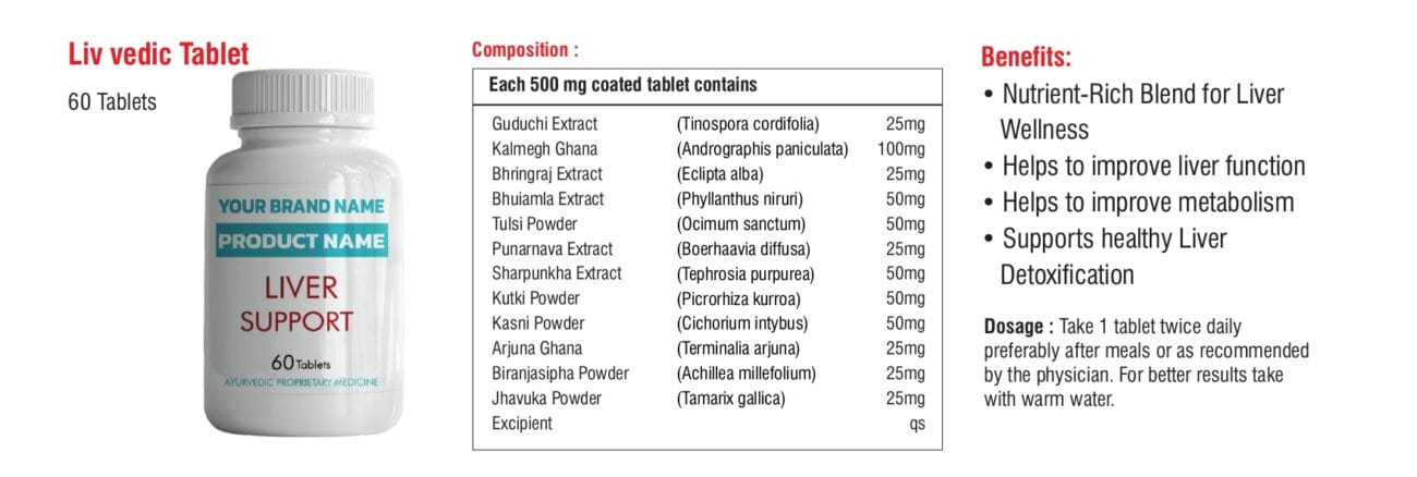Liv vedic Tablet 60-count bottle with its 500 mg composition panel
