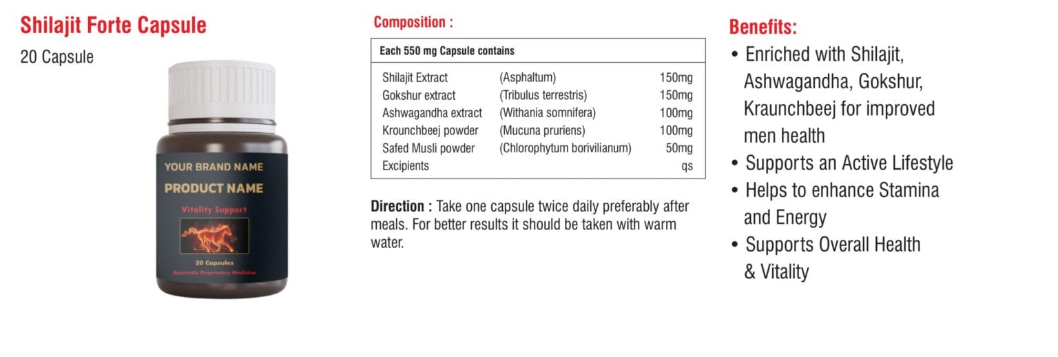 Herbal Shots Men's Health Catalogue 8 Shilajit Forte Capsule composition panel in the herbal shots men's health catalogue