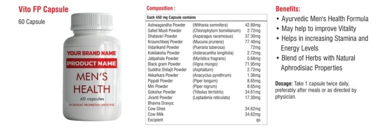 Medicated Cow Ghee Men's Health Catalogue 8 Vito FP Capsule 60-count composition page in the medicated cow ghee men's health catalogue