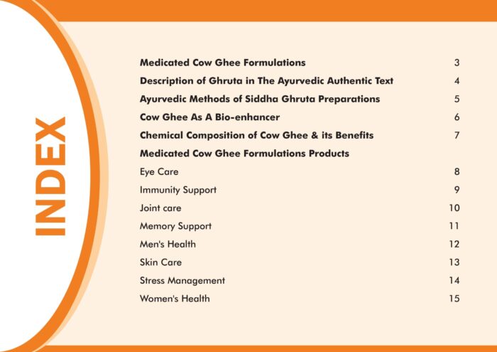 Index page of the medicated cow ghee all product catalogue listing eight ghee categories