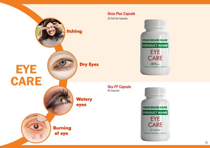 Occu Plus 30 soft gel and Ocu FP 60 capsule bottles from the eye care ghee page