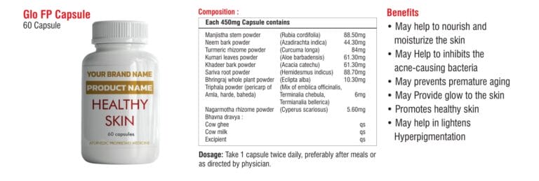 Glo FP Capsule 60-count composition sheet from the medicated cow ghee skin care catalogue