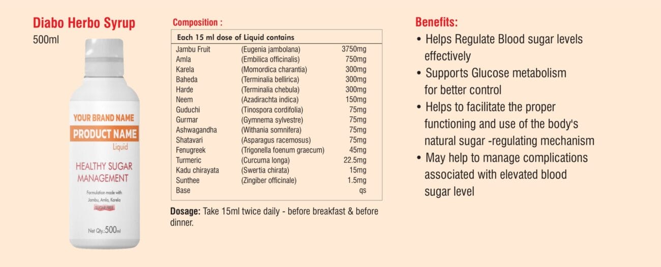 Herbal Shots Sugar Management Catalogue 6 Diabo Herbo Syrup 500 ml liquid with its 14-herb formula in the herbal shots sugar management catalogue