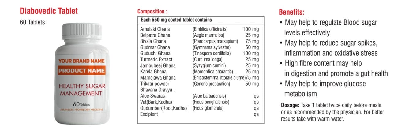 Herbal Shots Sugar Management Catalogue 7 Diabovedic Tablet 60-tablet jar beside its ghana-based formula sheet