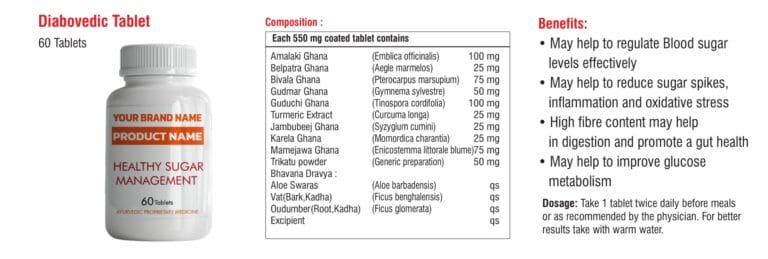 Herbal Shots Sugar Management Catalogue 10 Diabovedic Tablet bottle mock-up with Your Brand Name and Product Name panel