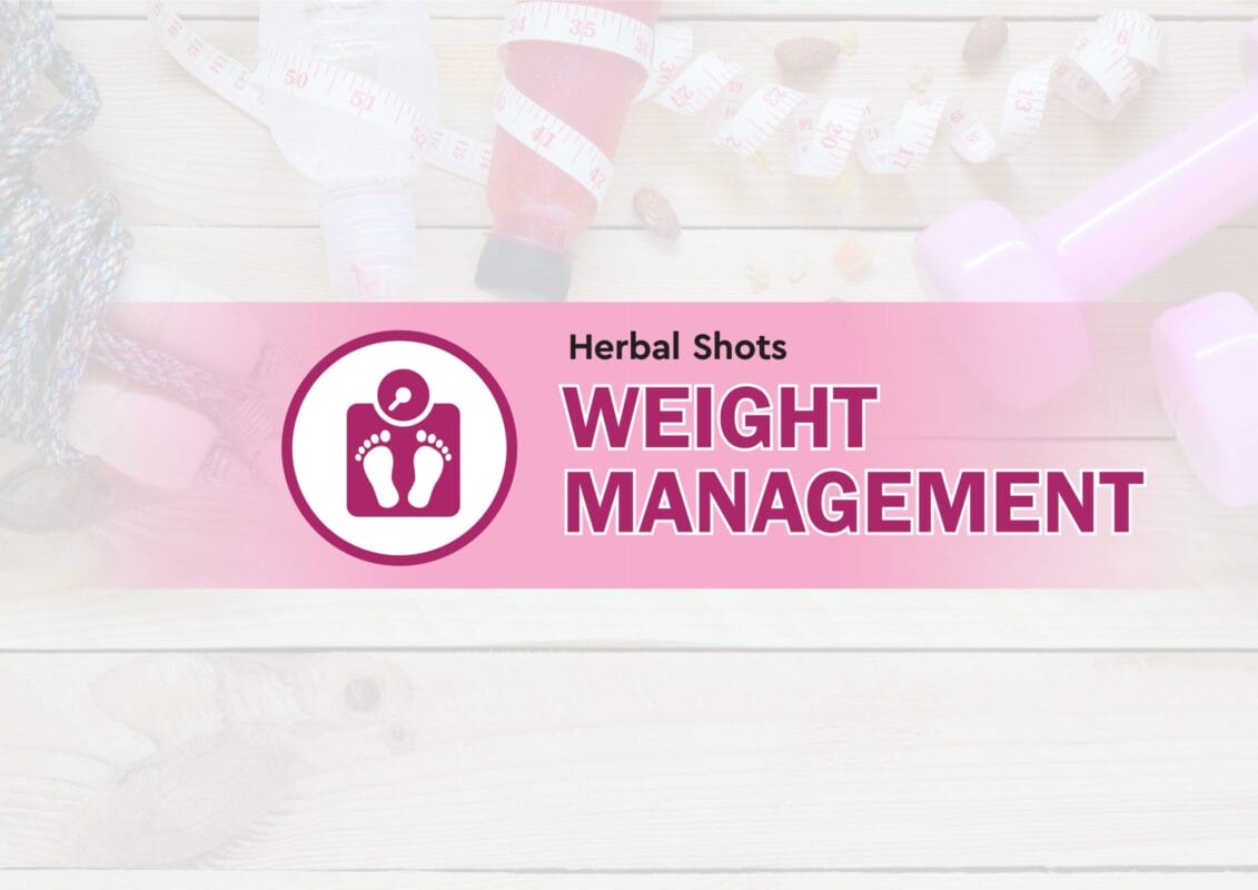 Cover page of the herbal shots weight management catalogue with a pink scale icon