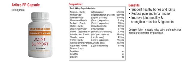 Joint Care Ayurvedic Medicine Catalogue 10 Arthro FP capsule composition page in the joint care catalogue
