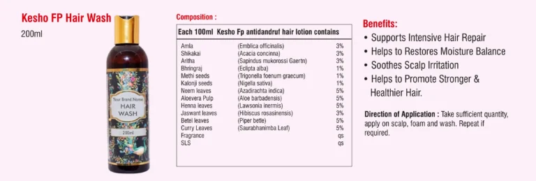 Hair Care Products Catalogue 12 Kesho FP Hair Wash 200 ml bottle and herbal composition