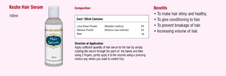 Hair Care Products Catalogue 14 Kesho Hair Serum 100 ml with lotus and hibiscus listed on the label