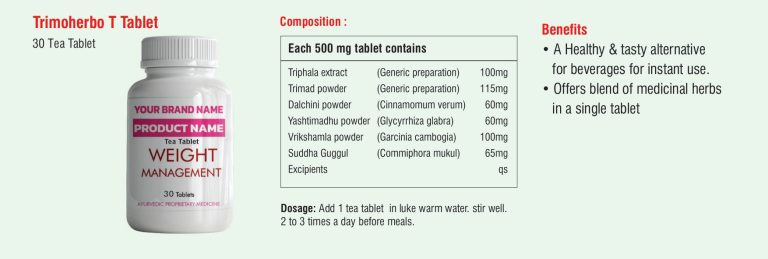Trimoherbo T tea tablet composition page in the herbal tea catalogue