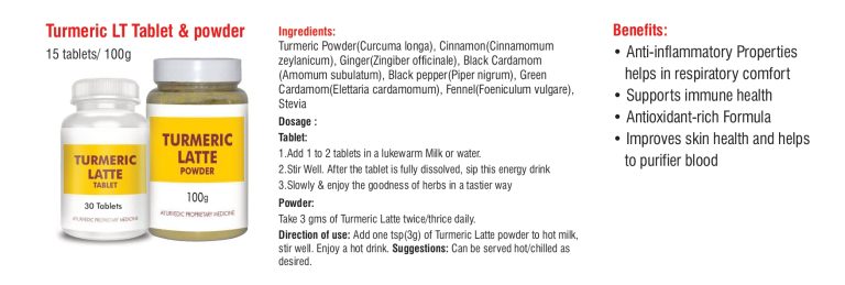 Turmeric LT tablet and latte powder listed in the herbal tea catalogue