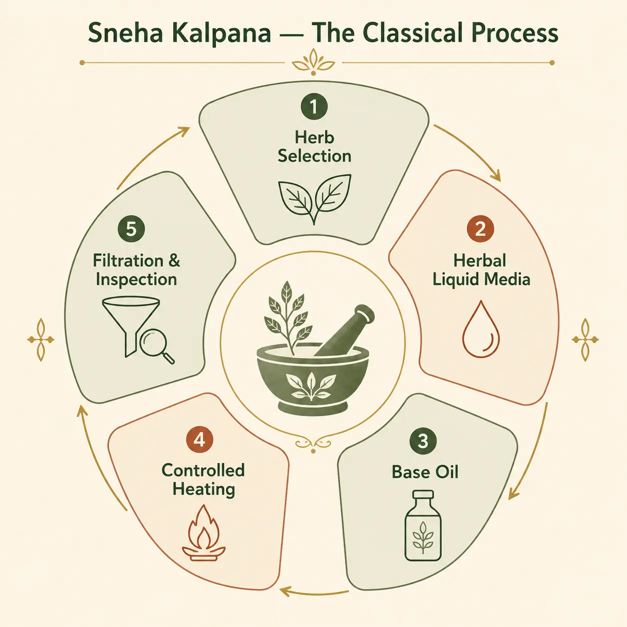 Sneha Kalpana — The Classical Process infographic showing five stages of traditional Ayurvedic medicated oil preparation