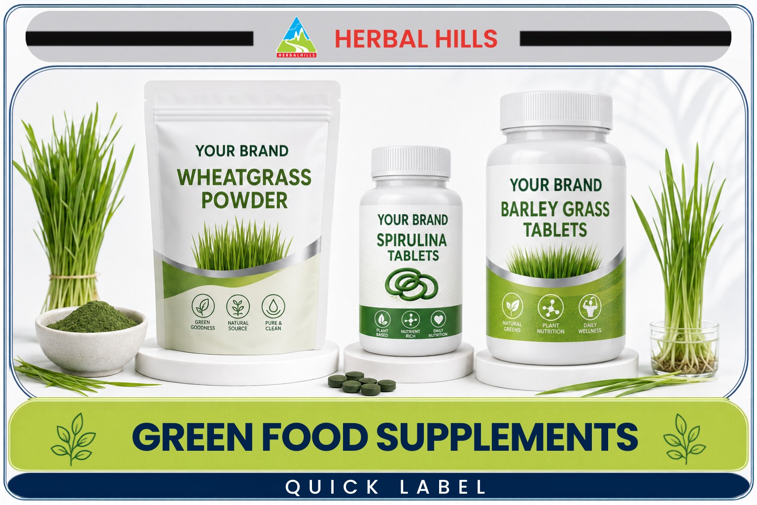 Quick Label Catalogue 9 Green food supplements tile in the quick label catalogue – wheatgrass, spirulina, barley grass