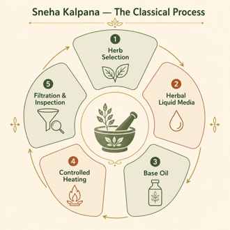 What Makes a Truly Authentic Ayurvedic Joint Oil? 2 Sneha Kalpana β The Classical Process infographic showing five stages of traditional Ayurvedic medicated oil preparation